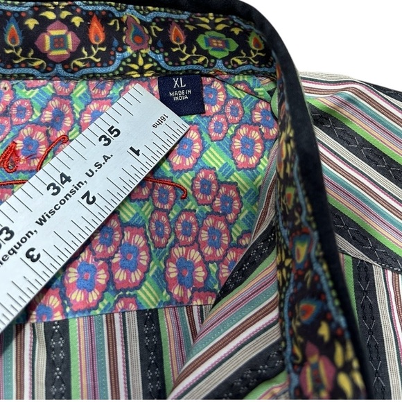 ROBERT GRAHAM Button Up LS Shirt sz XL Gray & Multicolor Stripe Floral Cuff/Trim - Picture 9 of 12